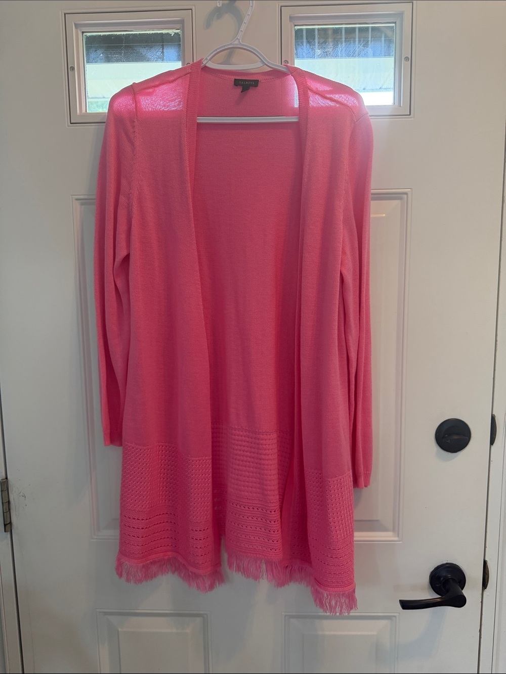 Talbots Bright Pink Open-Front Fringe Cardigan